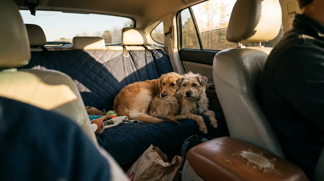 Dog hammock seat cover installed in a car backseat with two dogs resting on it, photographed from the front seat