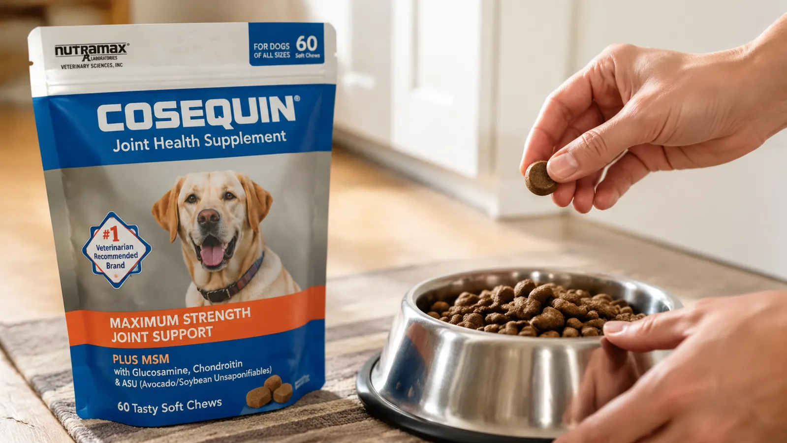 Hand holding a Cosequin chewable tablet near a dog food bowl filled with kibble
