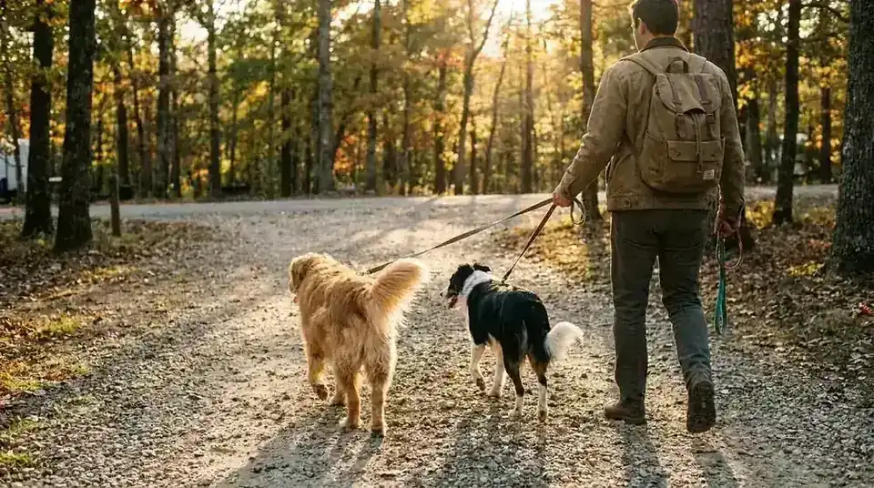 Golden retriever and a border collie mix trotting together on a gravel trail at a campsite, both on leash, owner visible from behind
