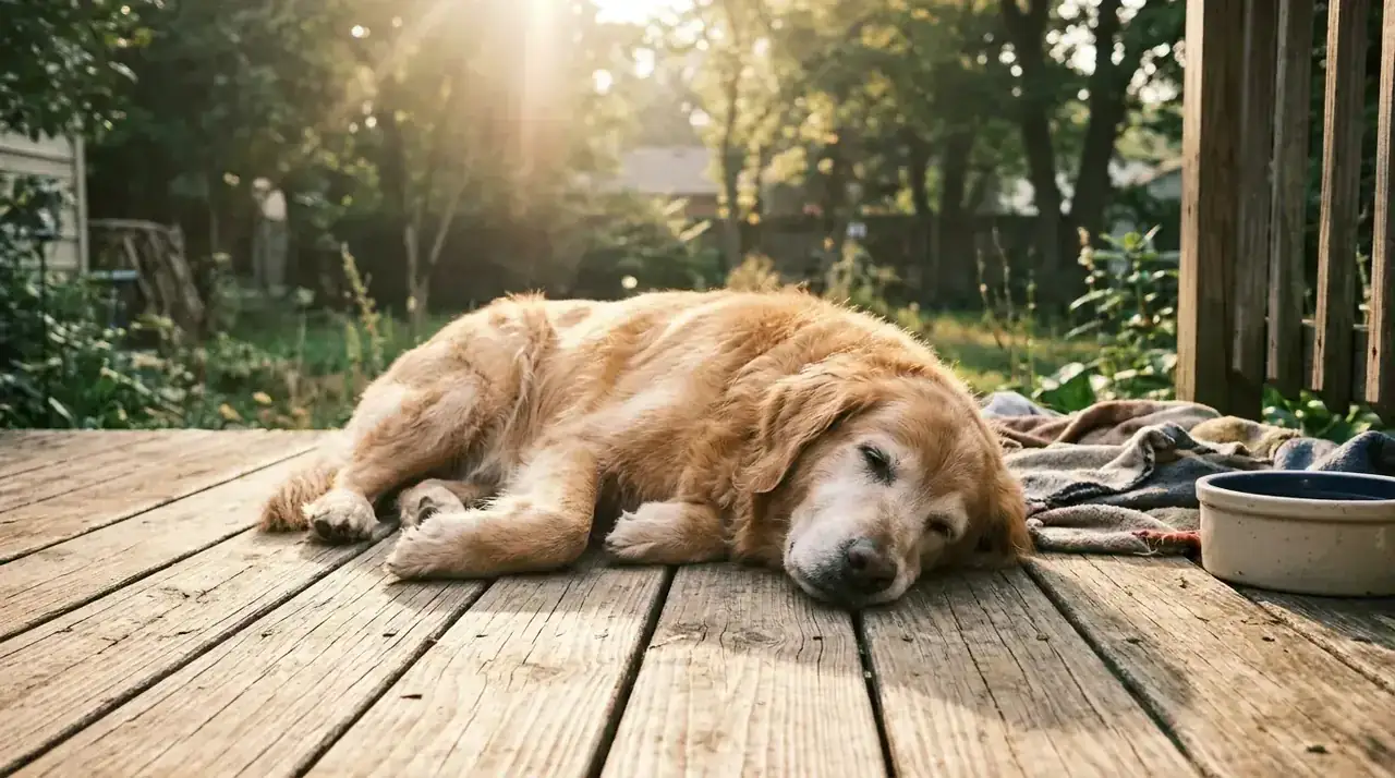Golden retriever lying on a wood-plank porch in soft morning light, looking relaxed and comfortable