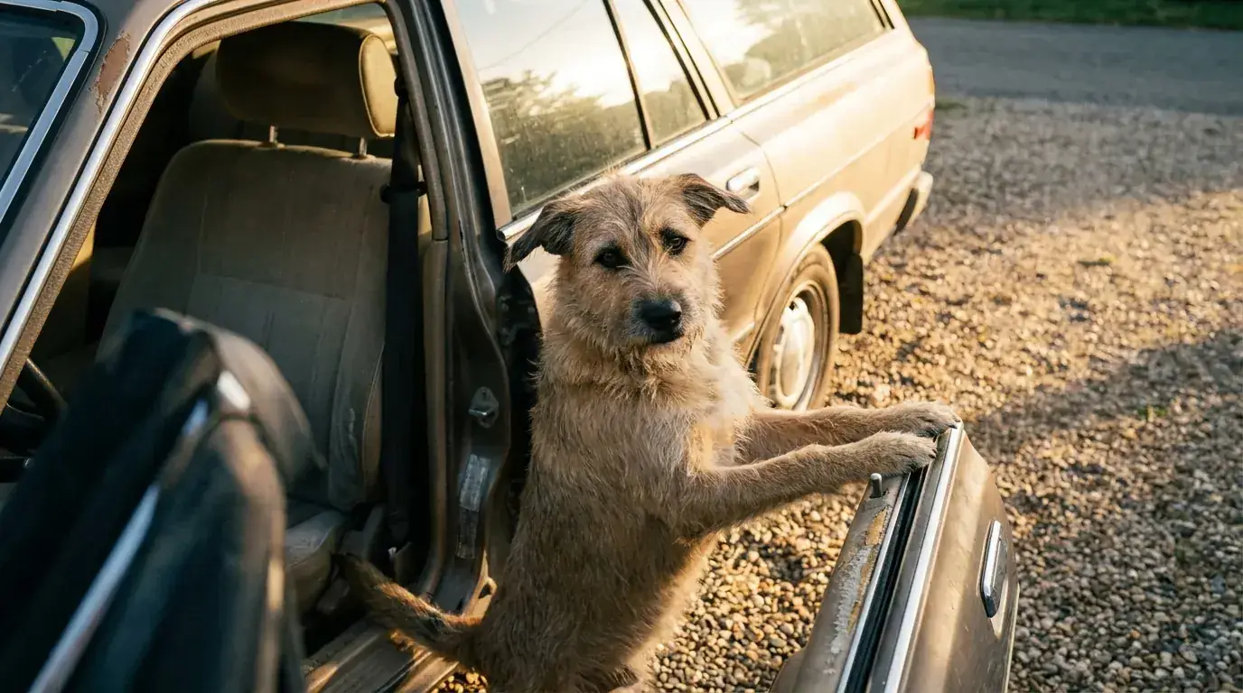 Border collie mix looking uncertain near an open car door in a driveway